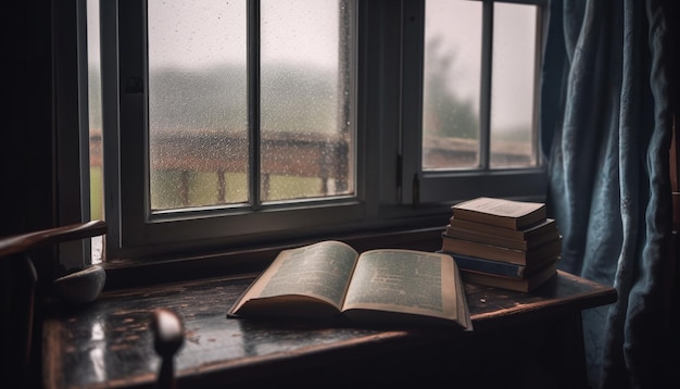 Leggere libri di testo su un tavolo di legno rustico generato dall'intelligenza artificiale