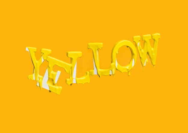 Lettere fluttuanti che formano la parola giallo con vernice gocciolante