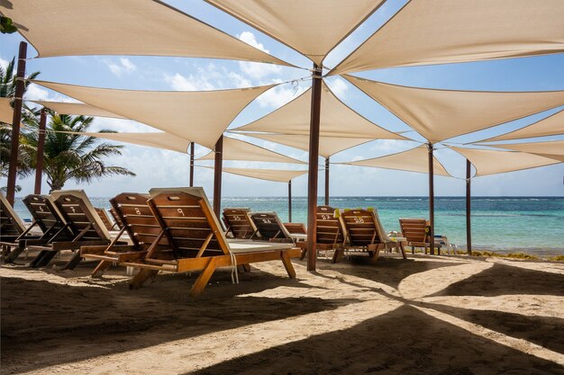 Lettini uno accanto all'altro sotto gli ombrelloni in spiaggia