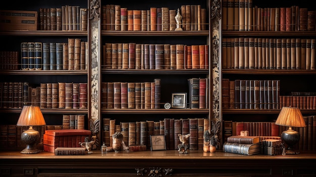Libri antichi adornano la biblioteca, accuratamente disposti con classici e gemme rare