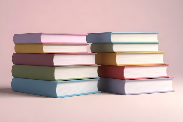 Libri realistici impilati su sfondo rosa