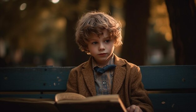 Libro di lettura ragazzo carino sorridente in natura generato da AI