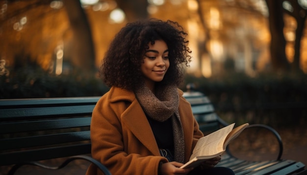 Libro di lettura sorridente della giovane donna in natura generato da AI