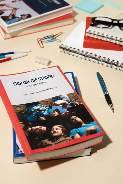 Libro in inglese poggiato sul tavolo dello spazio di lavoro