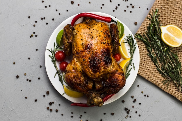 Limone e rosmarino vicino al pollo