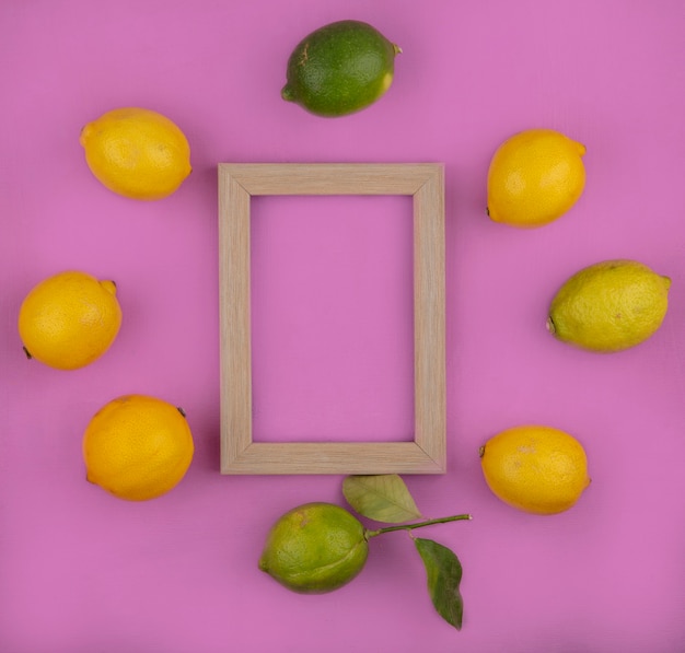 Limoni di spazio copia vista dall'alto con limette e cornice su sfondo rosa