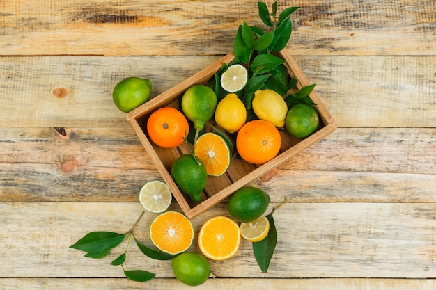 Limoni, lime e arance in una cassa di legno con foglie