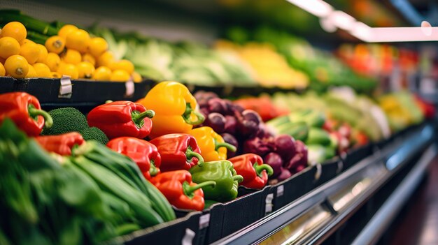 Lo sfondo sfocato di frutta e verdura disposti sugli scaffali dei supermercati