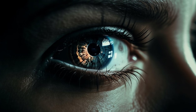 Lo sguardo ravvicinato della donna dagli occhi azzurri affascina lo spettatore generato dall'intelligenza artificiale