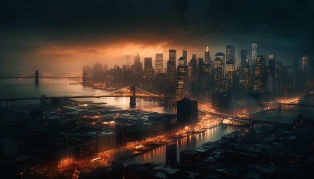 Lo skyline della città illuminato si riflette sul lungomare al tramonto generato dall'intelligenza artificiale