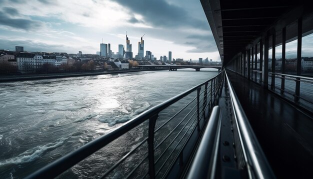 Lo skyline futuristico della città si riflette sull'acqua blu generata dall'intelligenza artificiale