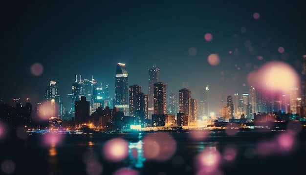 Lo skyline luminoso della città si riflette sull'acqua scintillante generata dall'intelligenza artificiale