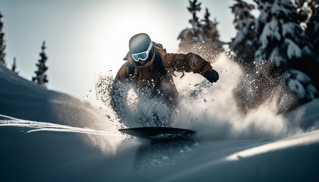 Lo snowboarder scivola sulle onde di neve farinosa generate dall'intelligenza artificiale