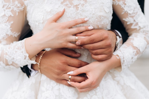 Lo sposo e la sposa stanno mettendo su fedi nuziali, vista frontale delle mani