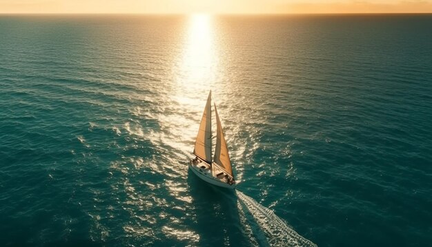 Lo yacht di lusso naviga verso il tramonto sull'acqua generata dall'intelligenza artificiale