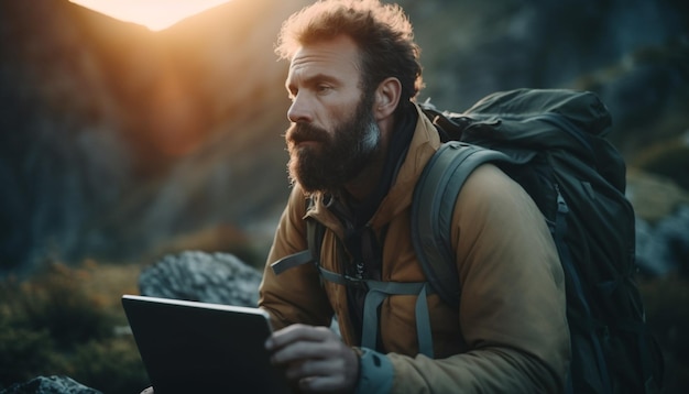 Lo zaino in spalla barbuto esplora la natura con il tablet digitale generato dall'intelligenza artificiale