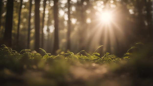 Luce solare nella foresta Bellissimo sfondo naturale Messa a fuoco morbida