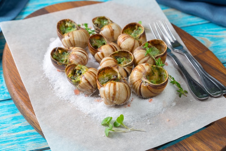 Foto gratuito lumache al forno con burro all'aglio ed erbe fresche