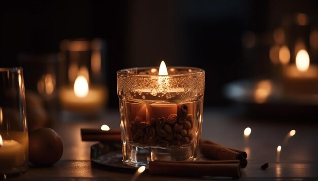 Lume di candela acceso sul tavolo che stimola il rilassamento generato dall'intelligenza artificiale