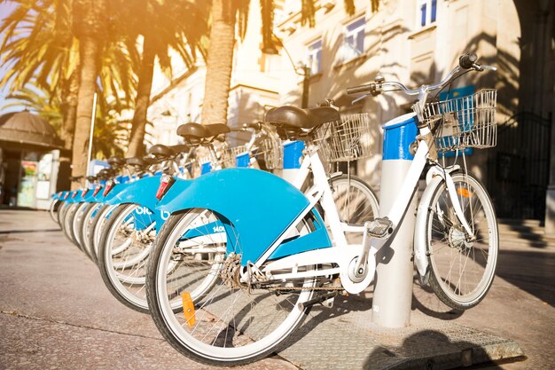 Lunga fila di biciclette a noleggio parcheggiate in una strada