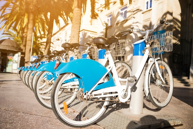 Lunga fila di biciclette a noleggio parcheggiate in una strada