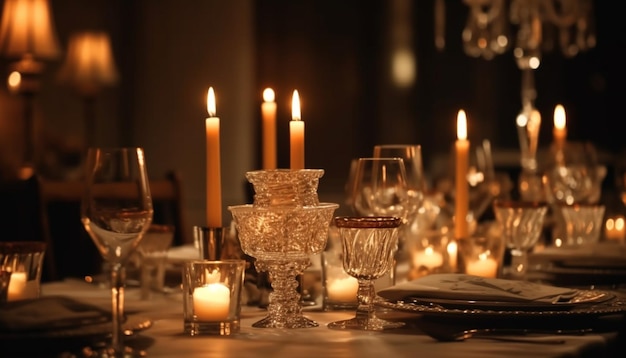 Lussuosa celebrazione a lume di candela su un elegante tavolo da pranzo generato da AI