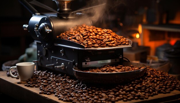 Macchinari da officina barista che macinano i chicchi di caffè creando un fresco rinfresco gourmet generato dall'intelligenza artificiale