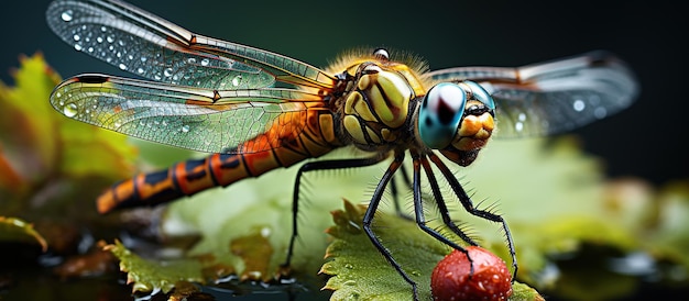 Macro di una libellula seduta su una foglia verde su sfondo scuro