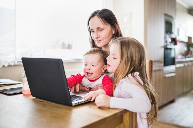 Madre con i suoi figli guardando portatile