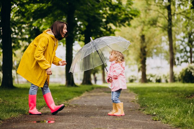 Madre con la figlia che cammina sotto la pioggia sotto l'ombrello