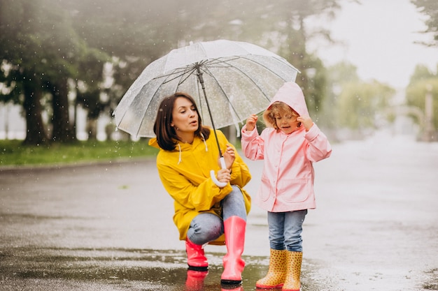 Madre con la figlia che cammina sotto la pioggia sotto l'ombrello