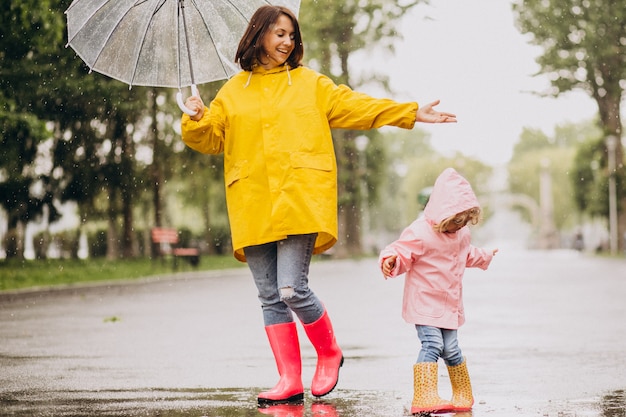 Madre con la figlia che cammina sotto la pioggia sotto l'ombrello