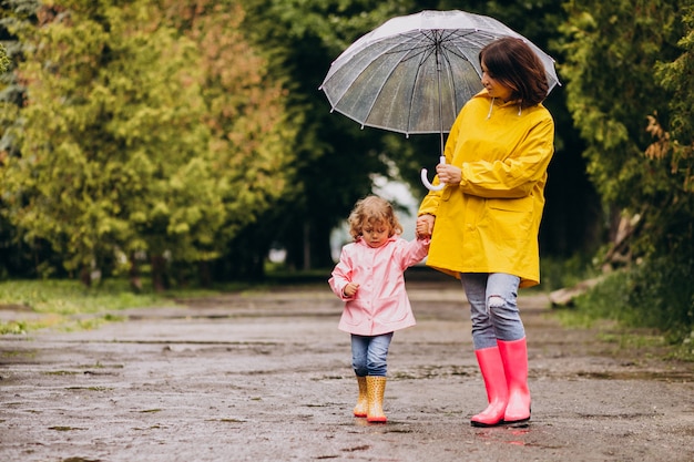 Madre con la figlia che cammina sotto la pioggia sotto l'ombrello