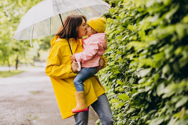 Madre con la figlia che cammina sotto la pioggia sotto l'ombrello