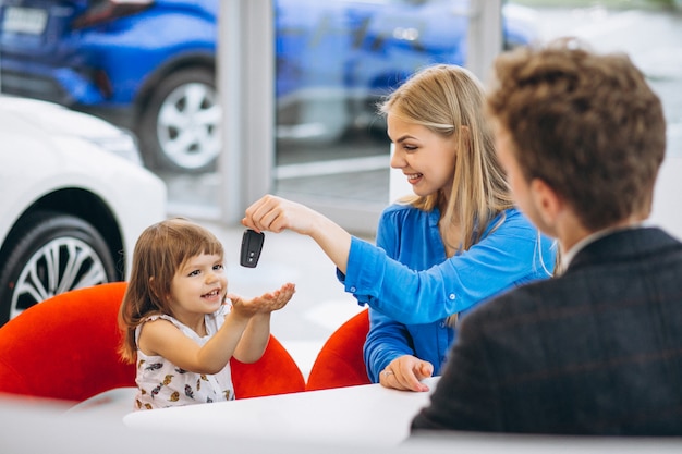 Madre con la figlia che compra un'automobile in una sala d'esposizione dell'automobile