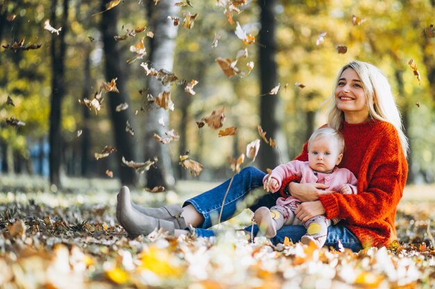 Madre con la figlia del bambino che si siede sulle foglie di autunno in parco