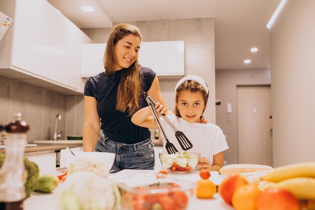 Madre con la piccola figlia che cucina insieme alla cucina