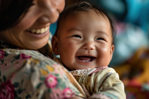 Madre di tiro medio che tiene in braccio il bambino