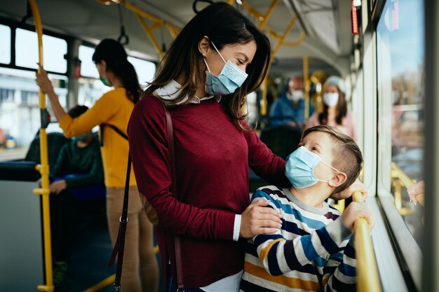 Madre e figlio felici che parlano mentre si spostano in autobus e indossano maschere protettive