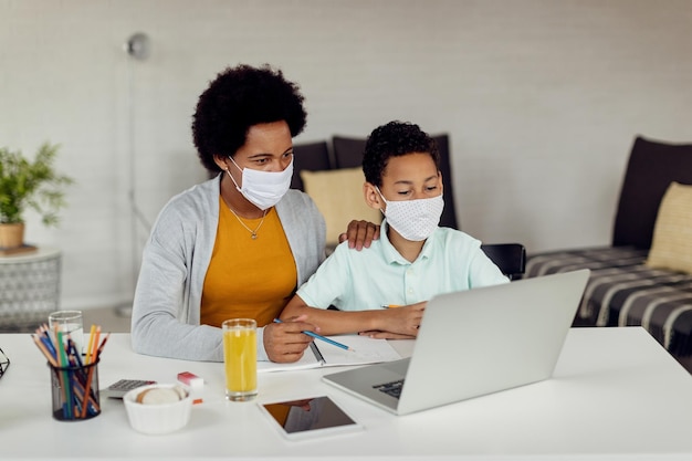 Madre e figlio neri che usano il laptop mentre studiano a casa durante l'epidemia di coronavirus