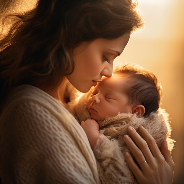 Madre felice del colpo medio che tiene bambino