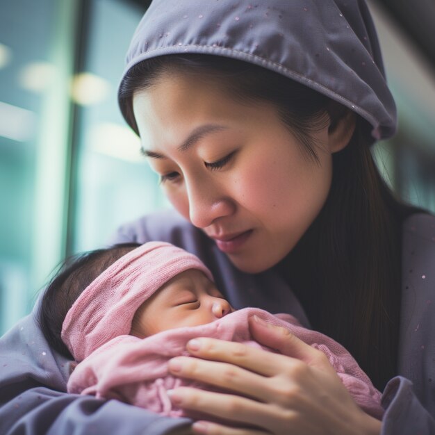 Madre felice del colpo medio che tiene bambino