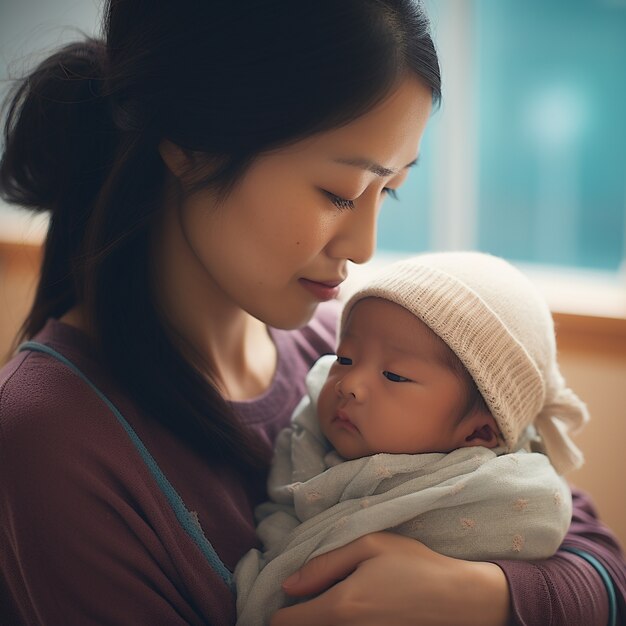 Madre felice del colpo medio che tiene bambino