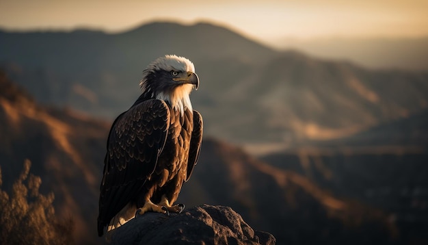 Maestosa aquila calva appollaiata sulla cima di una montagna generata dall'intelligenza artificiale