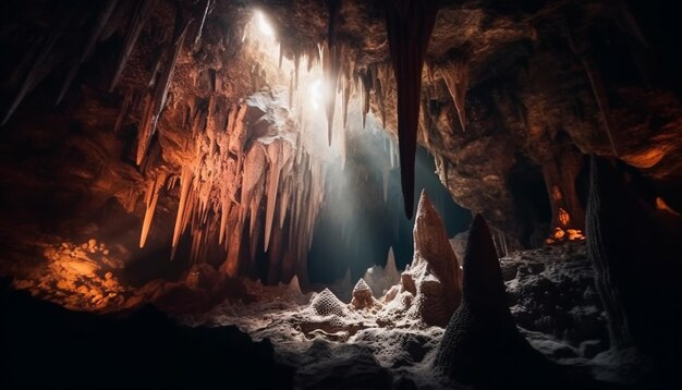 Maestosa avventura in montagna che esplora l'IA generativa di stalattiti sotterranee