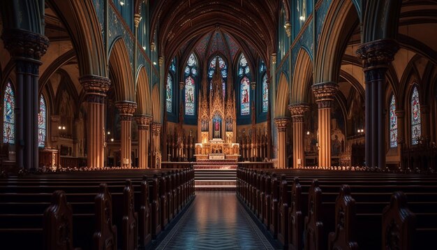 Maestosa cattedrale con vetrate colorate e altare generato dall'intelligenza artificiale