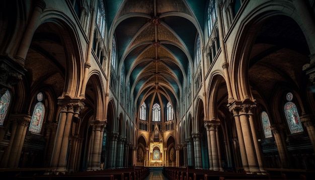 Maestosa cattedrale con vetrate colorate illuminate di notte generate dall'intelligenza artificiale