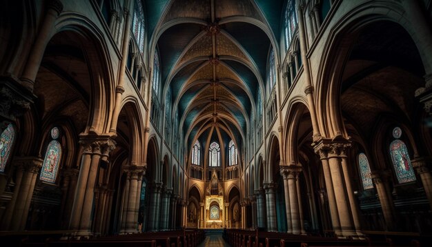 Maestosa cattedrale con vetrate colorate illuminate di notte generate dall'intelligenza artificiale