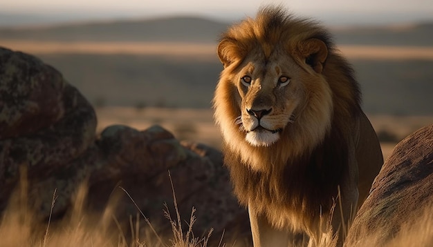Maestosa leonessa che cammina nella savana allerta nei suoi occhi generati dall'intelligenza artificiale
