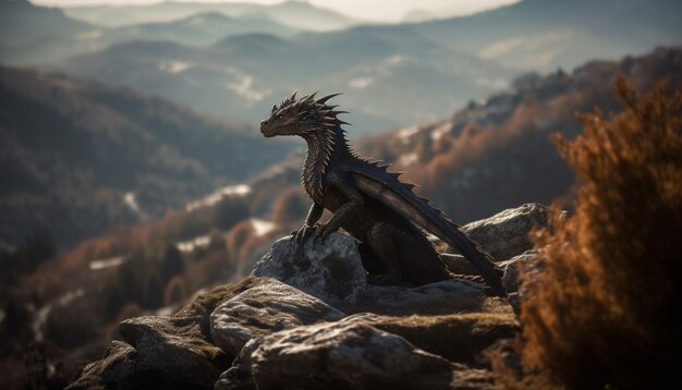 Maestosa lucertola drago appollaiata sulla cima di una montagna generata dall'intelligenza artificiale